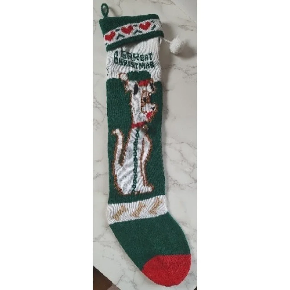 Vtg Christmas Stocking Dog Puppy Santa Dog With Hat Bell Pom A19